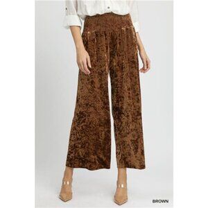 Umgee Velvet Smocked Waistband Wide Leg Pants